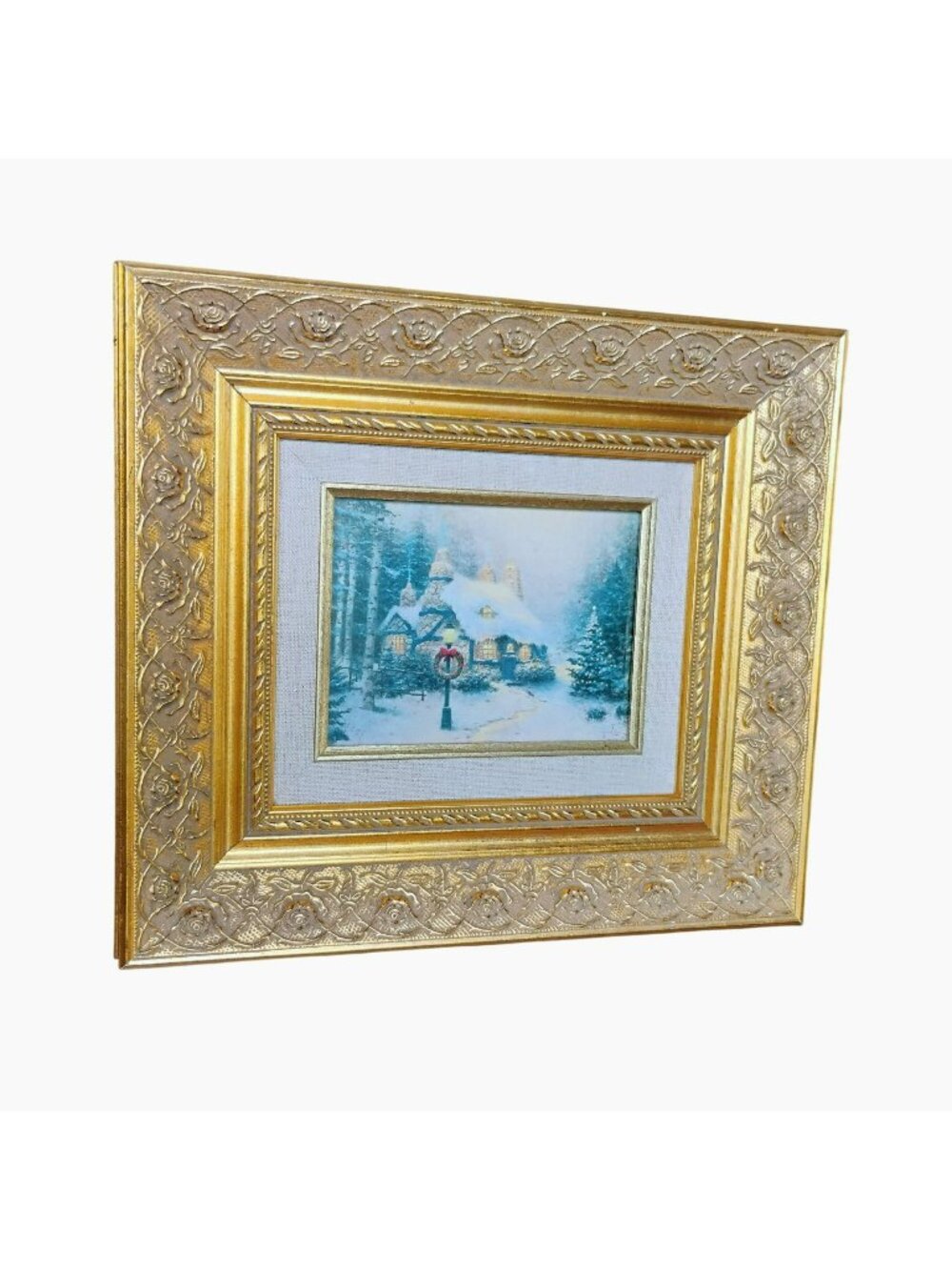 Gold Ornate Frame w Thomas Kinkade Print Winter Cottage Scene 12x10 Holiday Art